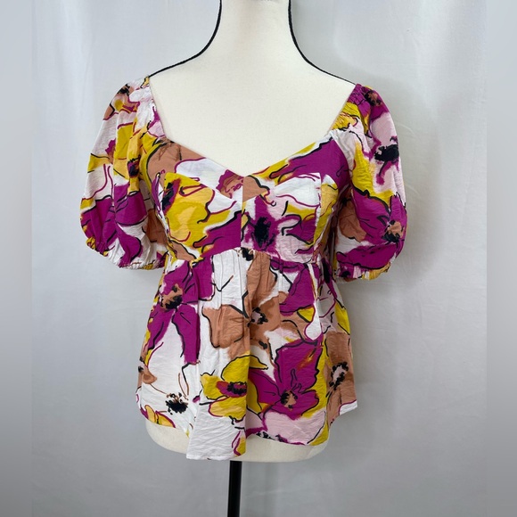 NINE WEST Womens Babydoll Puff Sleeve Floral Top. Pink Yellow . Size Sma… - Picture 1 of 7